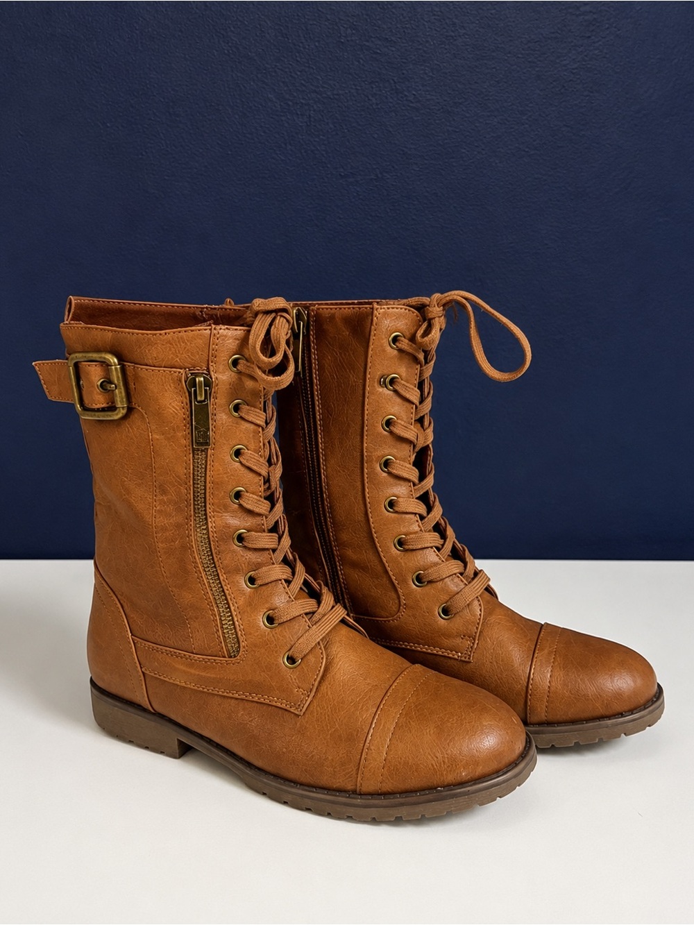 Dream Pairs Brown Lace-Up Combat Boots with Side Zipper